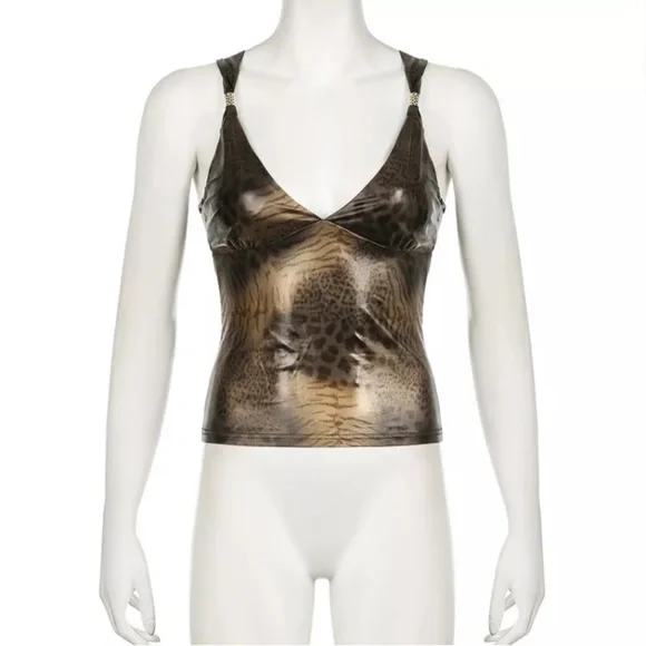 Vintage Leopard Print Gold Y2K Aesthetic Sleeveless Crop Top Women Sexy Backless - Picture 5 of 9